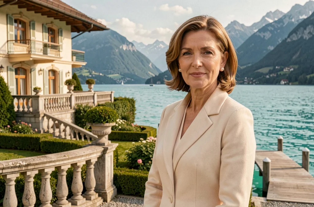 Agent Barnes Immobilier de prestige devant une propriété de luxe en bord de lac à Annecy