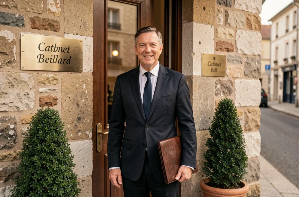Agent du Cabinet Beillard en costume sombre devant la façade en pierre de l'agence immobilière indépendante