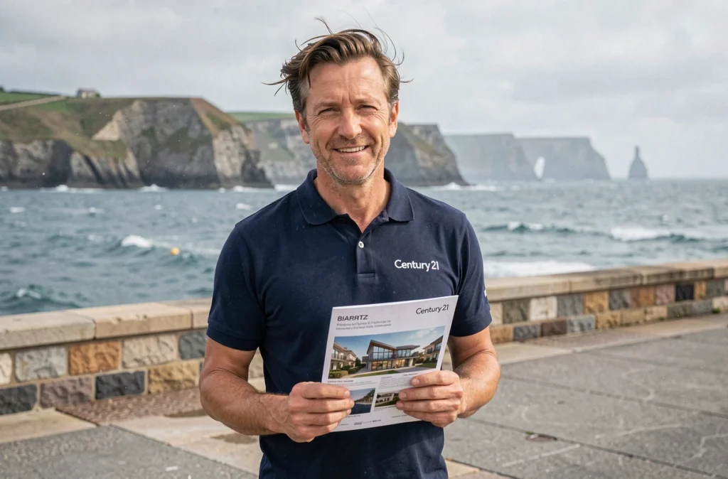 Agent Century 21 Biarritz tenant une brochure immobilière sur la promenade du front de mer avec l'Atlantique en fond