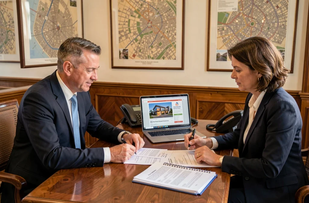 Agents de Century 21 Eurogestrim Clemenceau à Montpellier travaillant sur des contrats immobiliers dans un bureau élégant
