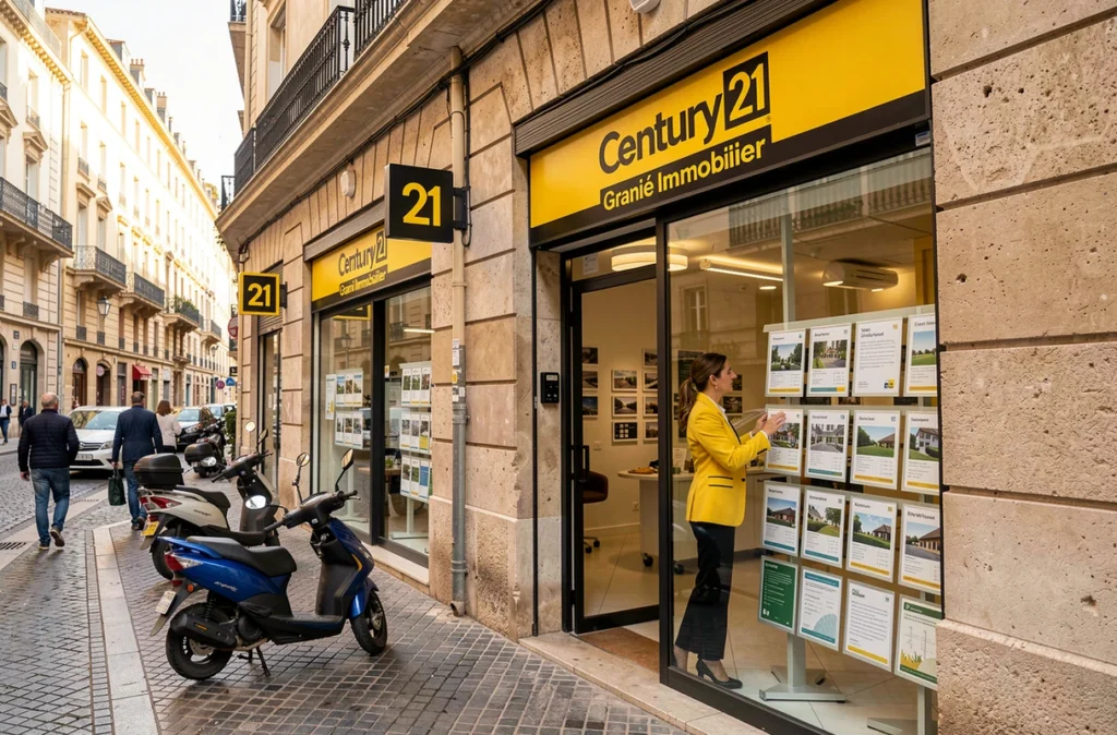 Devanture de l'agence Century 21 Granié Immobilier à Montpellier avec une agente arrangeant les annonces en vitrine