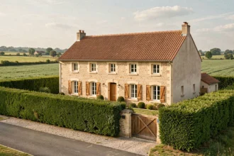 Vue large d'une maison individuelle neuve dans les Deux-Sèvres avec jardin aménagé et paysage bocager typique du Poitou