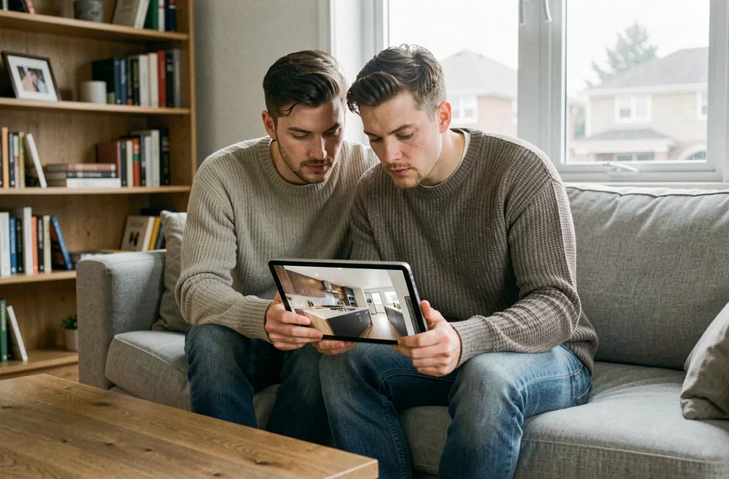Couple de futurs acheteurs explorant une visite virtuelle immobilière 360 sur tablette dans leur salon
