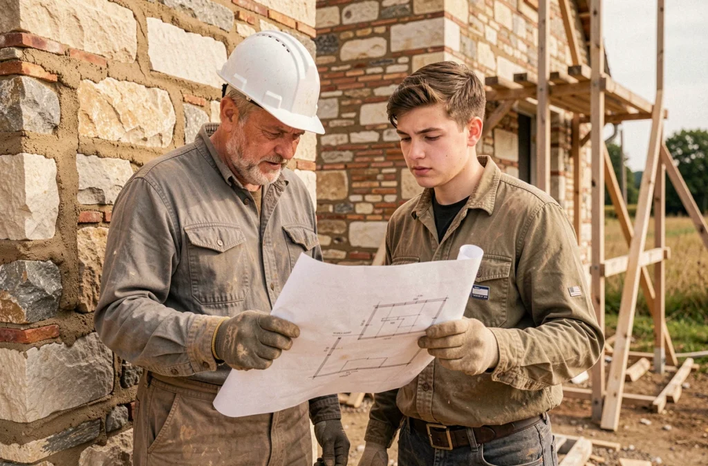 Artisan constructeur de Delrieu Construction sur un chantier de maison en pierre dans les Deux-Sèvres