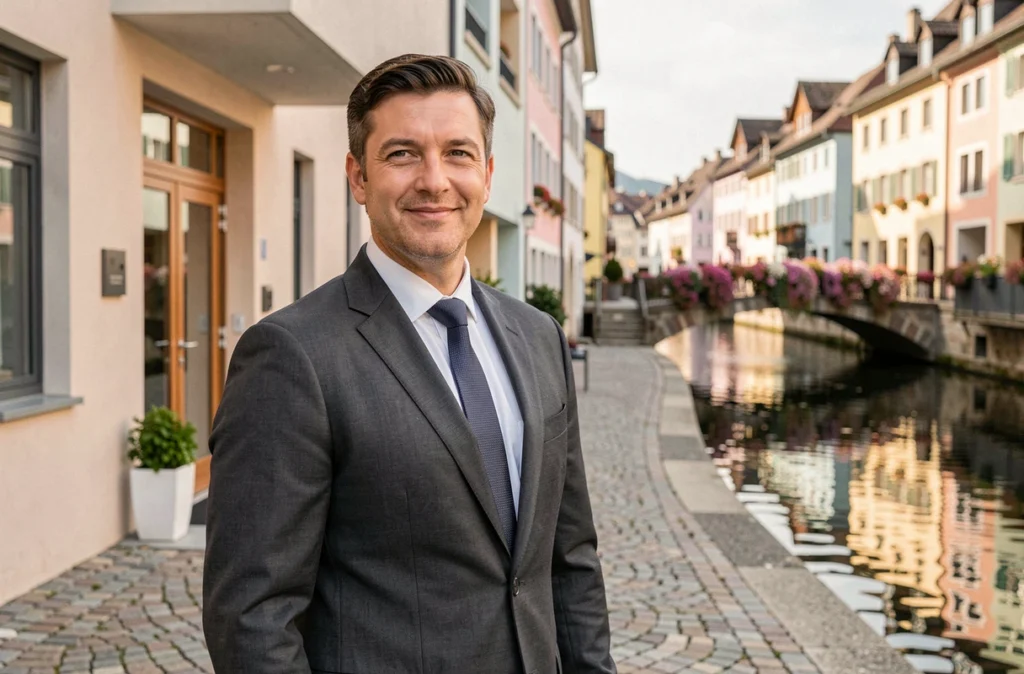 Agent Fantin Immobilier en costume devant un immeuble du centre-ville d'Annecy avec canal en arrière-plan