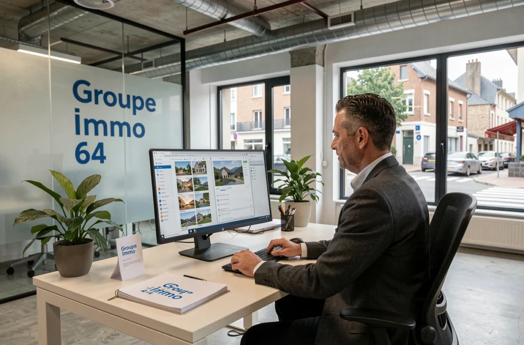 Agent du Groupe Immo 64 travaillant sur un écran d'ordinateur dans un bureau moderne à l'ambiance contemporaine