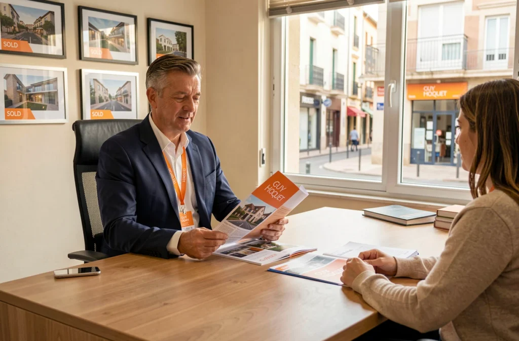 Agent Guy Hoquet Montpellier présentant des brochures immobilières à un couple dans un bureau aux couleurs de l'enseigne