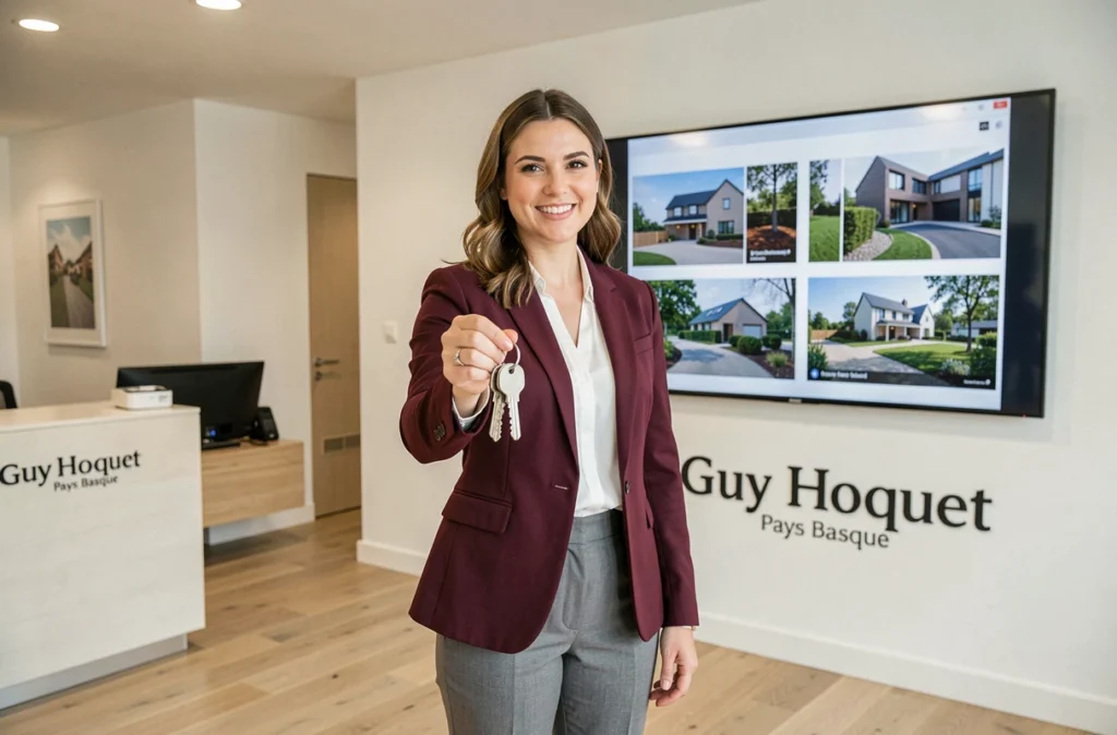 Agente Guy Hoquet Pays Basque tenant des clés de maison avec sourire dans l'agence moderne