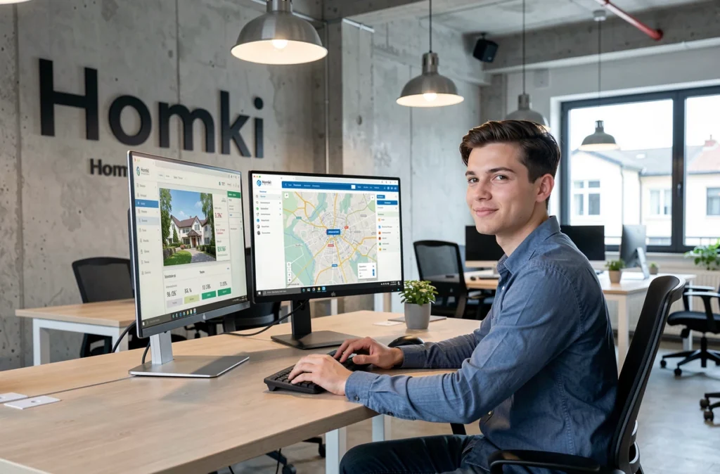 Agent Homki travaillant sur une plateforme digitale de vente immobilière dans un bureau moderne au design industriel