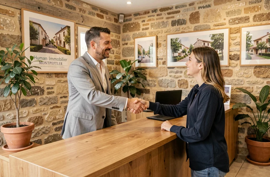 Agent de Human Immobilier Montpellier serrant la main d'un jeune couple dans une agence à l'ambiance chaleureuse
