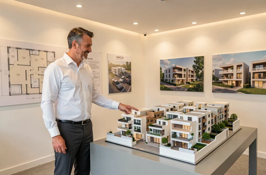 Agent d'IMMO9 Montpellier présentant une maquette architecturale d'un programme immobilier neuf
