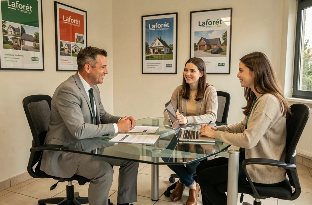 Conseiller immobilier de Laforêt Pau en consultation avec un couple de clients dans l'agence
