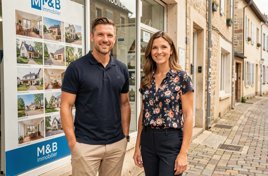 Duo d'agents immobiliers de M & B Immobilier devant la vitrine de l'agence dans une rue commerçante