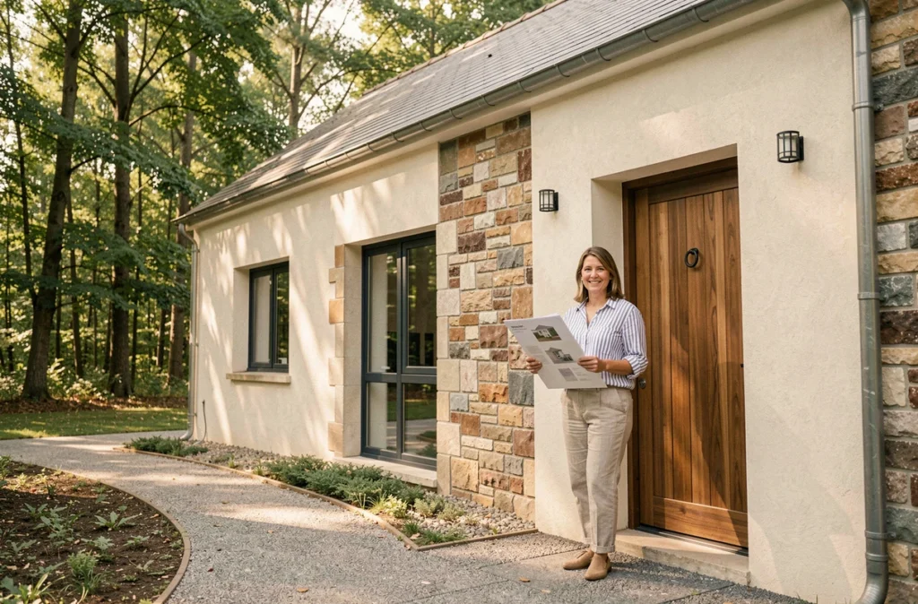 Propriétaire devant sa maison personnalisée construite par Maisons Aréba dans les Deux-Sèvres