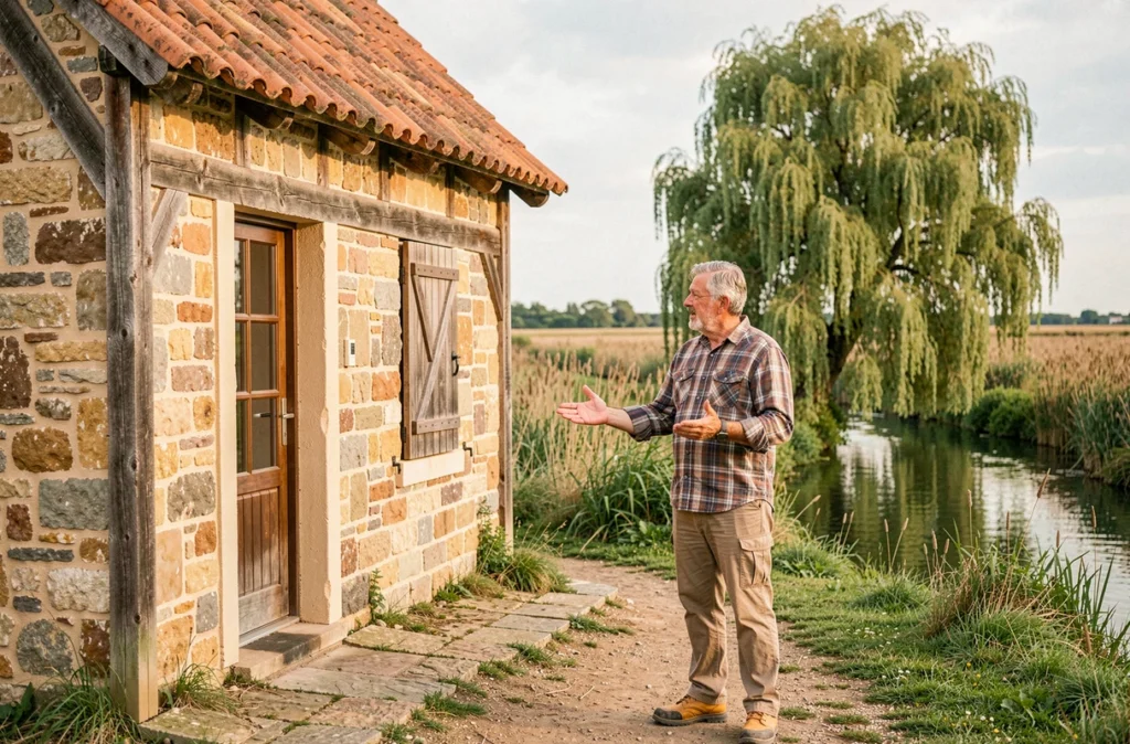 Constructeur Maisons du Marais devant une maison traditionnelle au bord du Marais poitevin dans les Deux-Sèvres