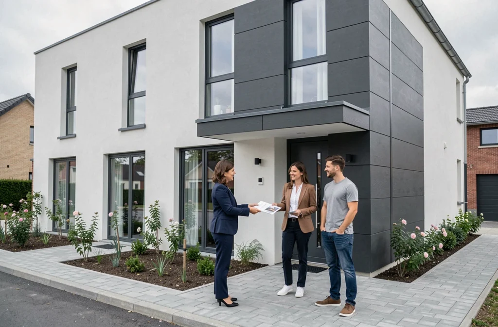 Maison neuve moderne présentée par Maisons Ideoz à Niort avec conseillère et couple d'acquéreurs