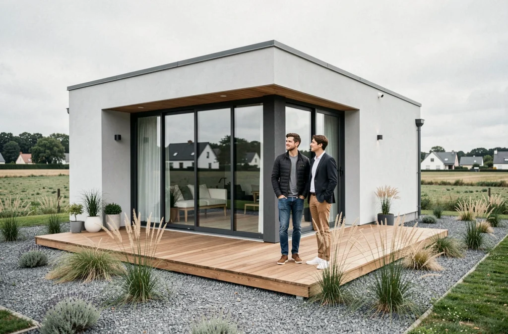 Maison contemporaine construite par Maisons Lara dans les Deux-Sèvres avec couple sur la terrasse