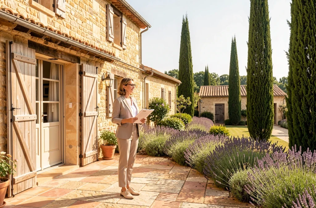 Agente de Mas Saint Come Immobilier présentant une propriété mas traditionnelle avec terrasse en pierre et jardin méditerranéen
