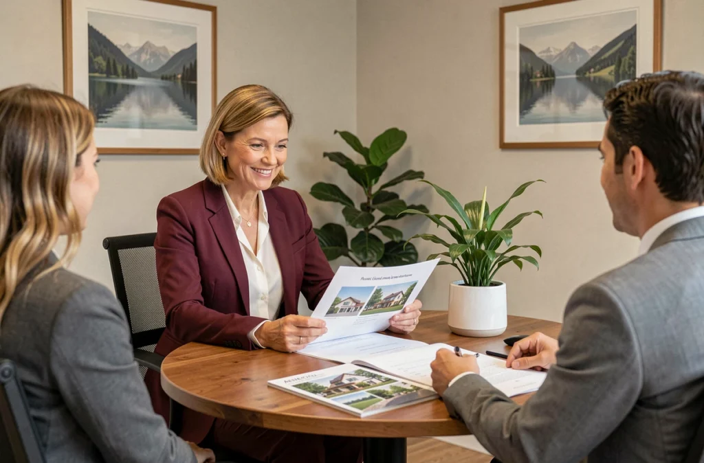 Consultante MBT Consultante en réunion avec des clients autour d'un portefeuille immobilier à Annecy