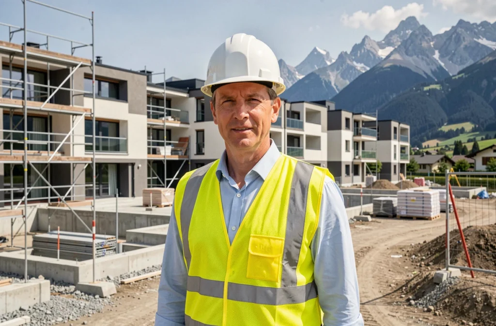Représentant Nexity sur un chantier de programme immobilier neuf en Haute-Savoie avec vue sur les Alpes