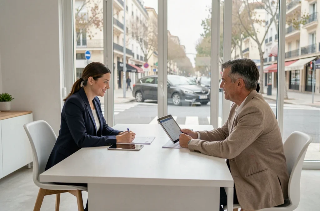 Agente immobilière de Novanéa Montpellier conseillant un couple dans un bureau moderne et lumineux
