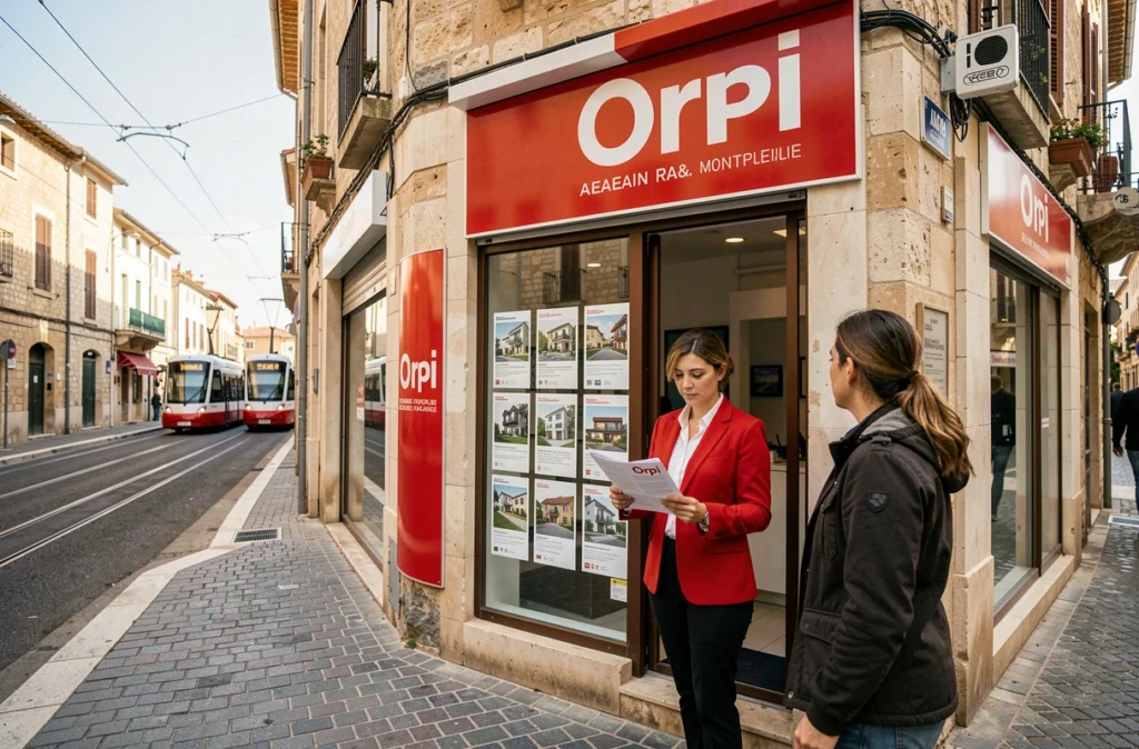 Façade de l'agence Orpi Montpellier avec une agente consultant une brochure devant la vitrine d'annonces