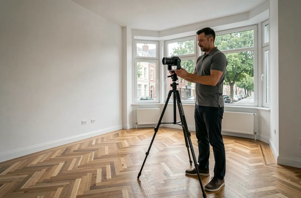 Photographe immobilier installant une caméra 360 degrés dans un appartement vide pour créer une visite virtuelle
