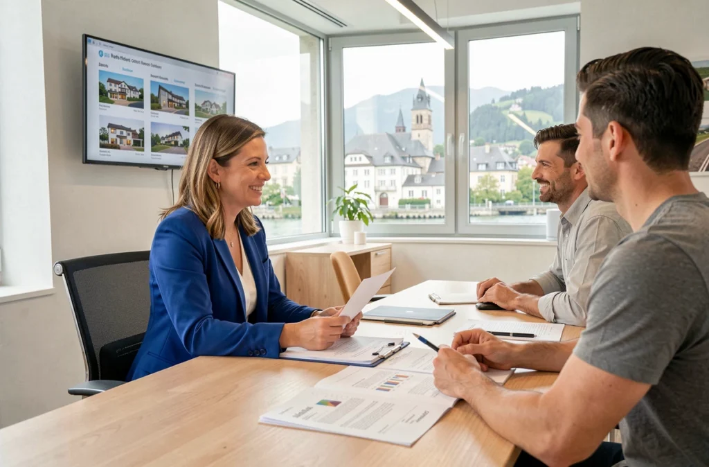 Agent Square Habitat Annecy Paix en consultation avec des clients dans une agence moderne d'Annecy