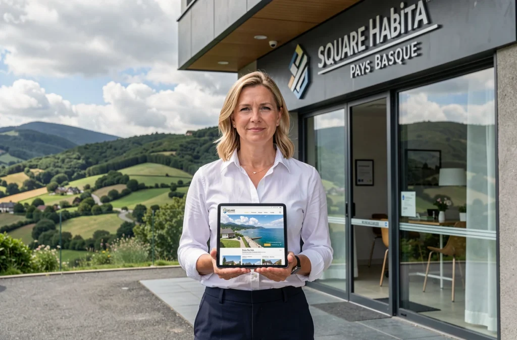 Agente de Square Habitat Pays Basque tenant une tablette devant l'agence avec collines basques en arrière-plan