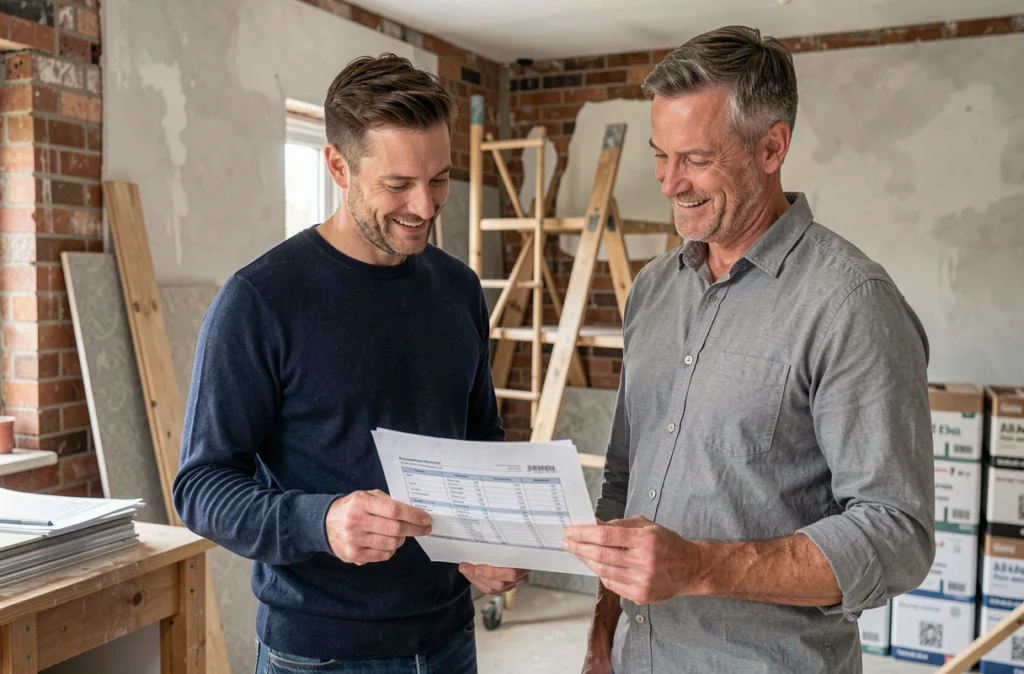 Un couple étudie un projet de rénovation financé par un crédit travaux dans leur maison en chantier