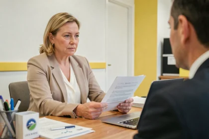 Une femme discute d'un crédit immobilier avec un conseiller dans une agence La Poste