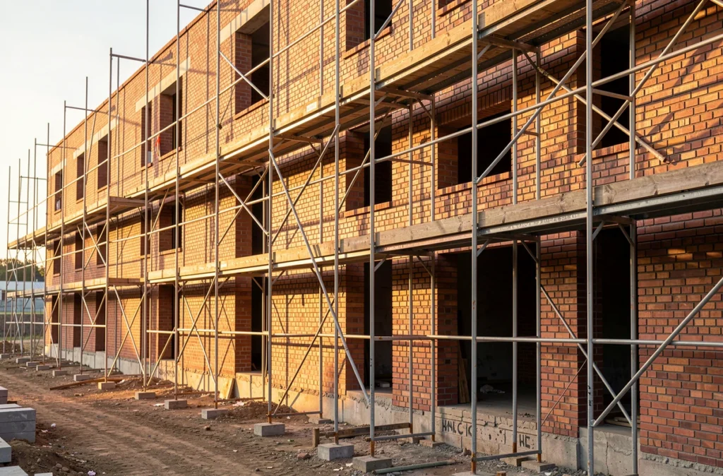 Façade en briques en construction avec échafaudage le long du mur
