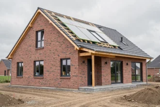 Maison en briques au stade gros œuvre fermé avec toiture et châssis posés